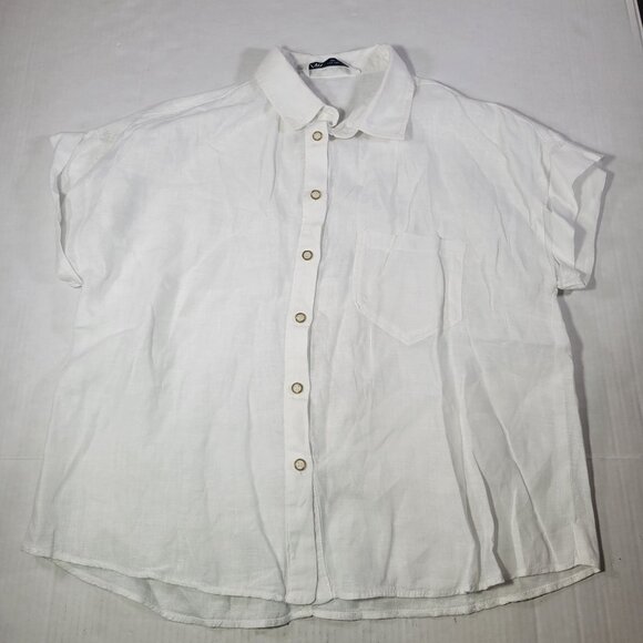 Zara Womens White Linen Button-Up Short Sleeve Shirt Size L - Picture 1 of 6